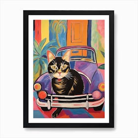 Vintage Car With A Cat, Matisse Style Painting 1 Art Print