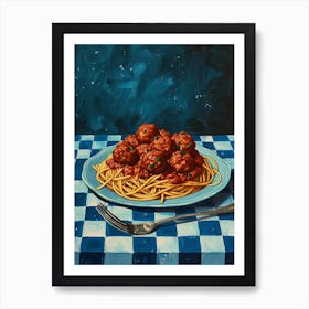 Spaghetti With Meatballs Checkered Blue 1 Art Print