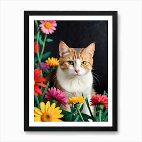 Cat In Flowers 2 Art Print