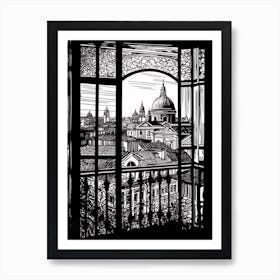 Window View Of Budapest Hungary   Black And White Colouring Pages Line Art 4 Art Print