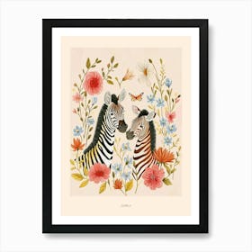 Folksy Floral Animal Drawing Zebra Poster Art Print