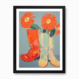 Painting Of Red Flowers And Cowboy Boots, Oil Style 8 Art Print