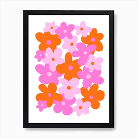 Pink And Orange Flowers Retro 70s Style Art Print