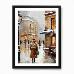 Paris cafes, winter season, Christmas, autumn oil colors, pale colors, pedestrians in the street, winter clothes, falling snow.10 Art Print