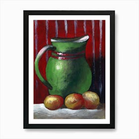 Green Jug With Apricots - still life painting Anton Maliar red green orange vertical kitchen living room Art Print