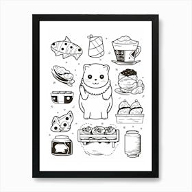 Cat And Sushi Black And White Line Art Art Print