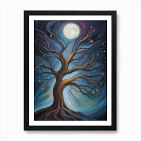 Tree Branches Mystical Moon Expressionist Oil Painting Acrylic Painting Abstract Nature Moonlight Night Scenery Art Print