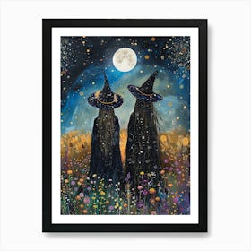 Witches Watch the Full Moon | Botanical Witchcraft Pagan Coven Painting | Witch Print Magical Spellwork Esbat | Witchy Wiccan Art Print in Wildflowers HD Art Print