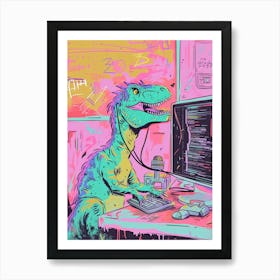 Dinosaur On The Computer Pastel Illustration Art Print
