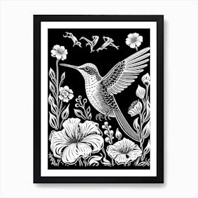 B&W Bird Linocut Hummingbird 2 Art Print