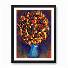 bouquet painting floral flowers blue orange purple yellow expressive energy force colors abstract kitchen art hotel office Art Print