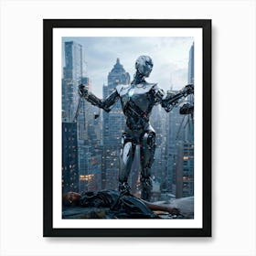 Futuristic Superhero Robot With Steel Wings Boasting A Damaged Yet Pristine Human Face In The Mids Art Print