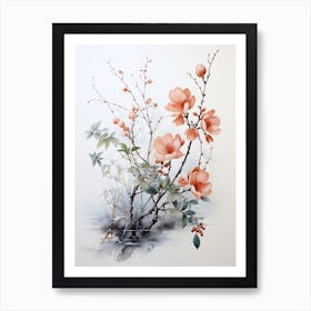 Cherry Tree, Japanese Brush Painting, Ukiyo E, Minimal 4 Art Print