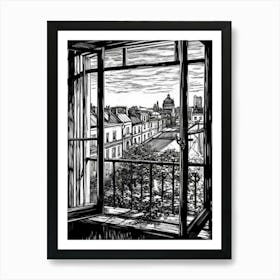 A Window View Of Berlin In The Style Of Black And White  Line Art 2 Art Print
