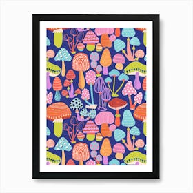 Mushroom Magic Neon Hand Drawn Botanical Fungus Art Print