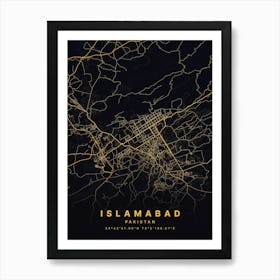 Islamabad Pakistan Black And Gold Map Poster