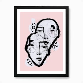 DOT DUO PINK - Face, Black, White, Pastel Pink Graphic Portrait  Line Drawing Art Print