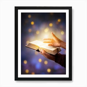 A Hand Gently Holding Open A Holy Bible To Highlight A Passage Surrounded By A Soft Glow That Sugge Art Print