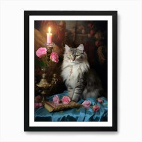 Rococo Style Painting Of A Cat With A Candle 2 Art Print