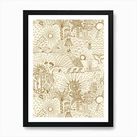 Hawaiian Toile Polynesian Hula Dance Tropical Landscape Golden Yellow Cream White Art Print