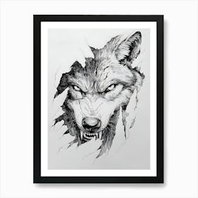 Angry Wolf Watching from Wall Hole 21 Art Print