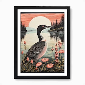 Vintage Bird Linocut Common Loon 2 Art Print