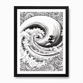Surfing In Malibu California, Usa Line Art Black And White 6 Art Print