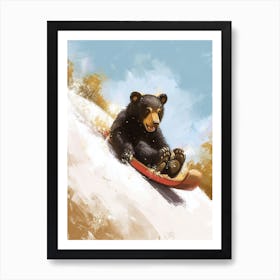 American Black Bear Cub Sledding Down A Snowy Hill Storybook Illustration 2 Art Print