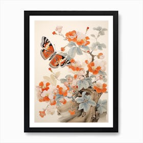 Japanese Style Painting Of A Butterfly With Flowers 7 Art Print