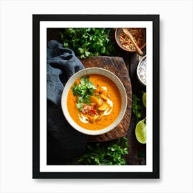 Autumn Pumpkin Curry Soup Steaming In A Rustic Ceramic Bowl Surrounded By An Array Of Vividly Spice (6) Art Print