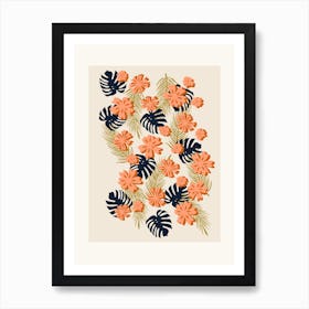 Monstera Palm Leaf And Tropical Flowers Art Print