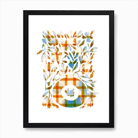 Dyed blue and orange checks in a Vase Art Print