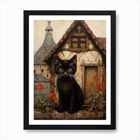 Cute Cats With A Medieval Cottage In The Background 9 Art Print
