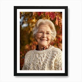 Elderly Woman Smiles Surrounded By A Vibrant Array Of Fall Foliage Golden And Crimson Leaves Frame (2) Art Print