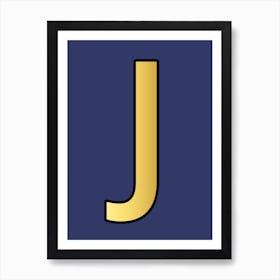 Letter J Gold Alphabet Deep Blue Art Print