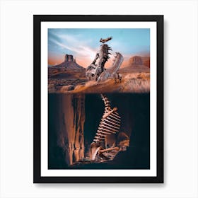 Dinosaur Skeleton And The Indian On Horse Art Print