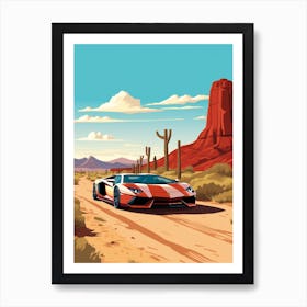 A Lamborghini Aventador Car In Route 66 Flat Illustration 2 Art Print