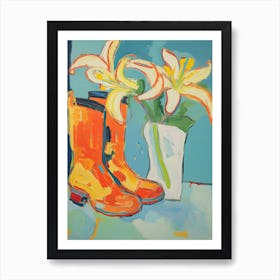 Painting Of Yellow Flowers And Cowboy Boots, Oil Style 11 Art Print