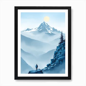 Lone Traveller Standing On A Rock Watching Sun In Sky Vast Mountain Valley Art Print