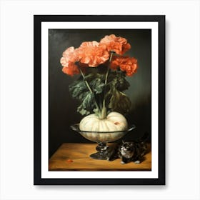 Painting Of A Still Life Of A Carnations With A Cat, Realism 3 Art Print