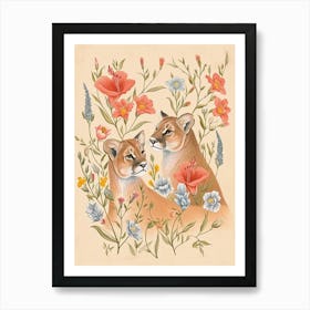Folksy Floral Animal Drawing Mountain Lion 4 Art Print