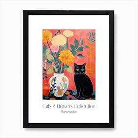 Cats & Flowers Collection Ranunculus Flower Vase And A Cat, A Painting In The Style Of Matisse 1 Art Print