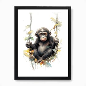 Baby Gorilla Art With Bananas Watercolour Nursery 4 Art Print