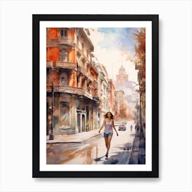 Girl Skateboarding In Santiago, Chile Watercolour 4 Art Print