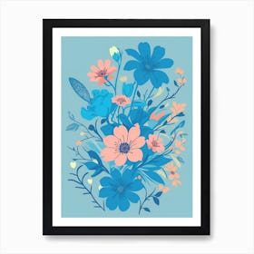 Beautiful Flowers Illustration Vertical Composition In Blue Tone 5 Art Print