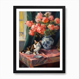 Flower Vase Peony With A Cat 2 Impressionism, Cezanne Style Art Print