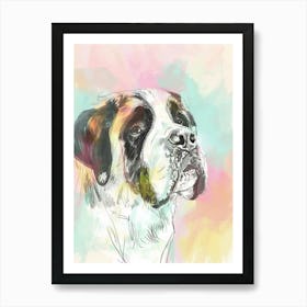 St Bernard Dog Pastel Line Watercolour Illustration  1 Art Print