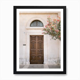 Brown Italian door pink flowers | Summer in Ostuni | Italy Art Print