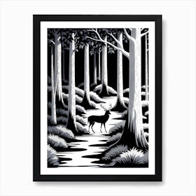 Deer In The Forest, black and white monochromatic art Art Print