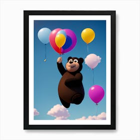 Cartoon Bear Flying With Balloons Art Print